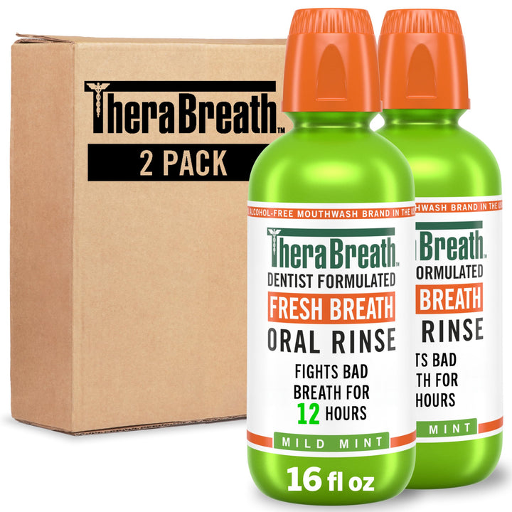 TheraBreath Fresh Breath Mouthwash, Mild Mint Flavor, Alcohol-Free, 16 Fl Oz (2-Pack)
