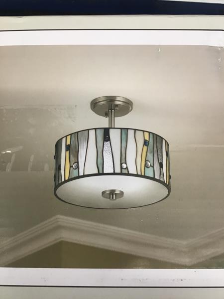 allen + roth Semi-Flushmount Ceiling Fixture, Brushed Nickel Finish, Stained Glass Shade Retail $90.00