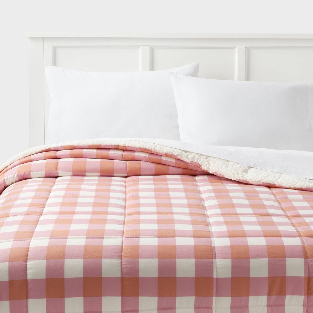 Full/Queen Faux Shearling Microfiber Reversible Comforter Pink/Rust Plaid - Room Essentialsâ„¢