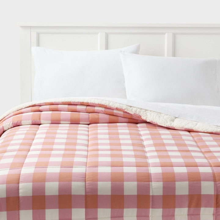 Full/Queen Faux Shearling Microfiber Reversible Comforter Pink/Rust Plaid - Room Essentialsâ„¢
