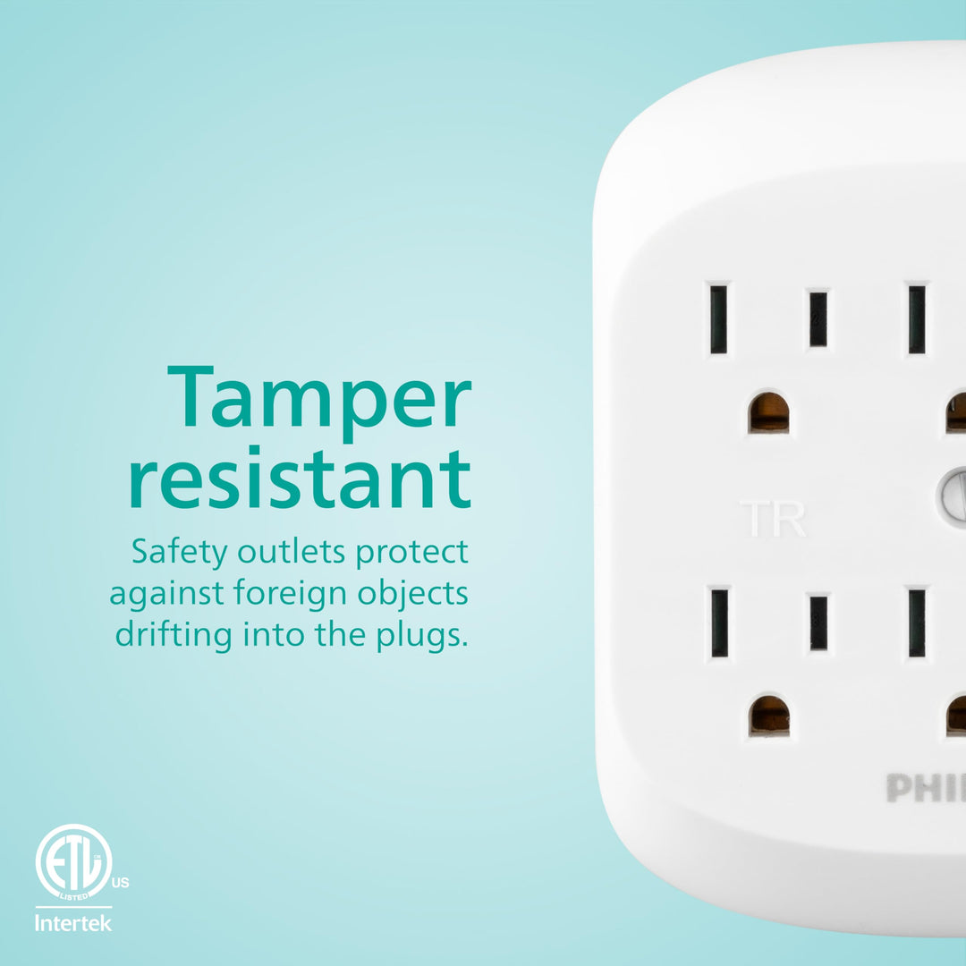 Philips 6 Adapter, Wall Tap Power Strip, Tamper Resistant Protected Outlets, 3-Prong, ETL Listed, White, SPS1461WA/37, 1 Pack