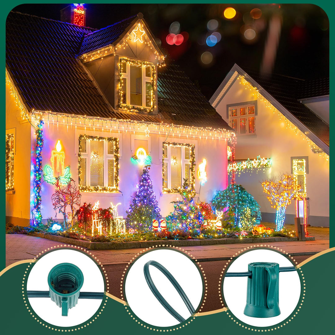 Brightown C9 Light Strand, 100 FT Outdoor String Lights Christmas Stringer with 100 Sockets for Christmas Decor Patio, E17 Light Socket, 12 Spacing, Green Wire