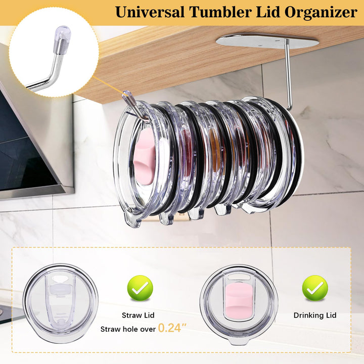 LeeSky 3 Pack Tumbler Lid Organizer, Tumbler Lid Holder Under Cabinet Lid Holder for Cups Water Bottle Lid Holder, Space Saving Cup Lid Organizer for Stanley Tumbler/Yeti Tumbler Lids - Silver
