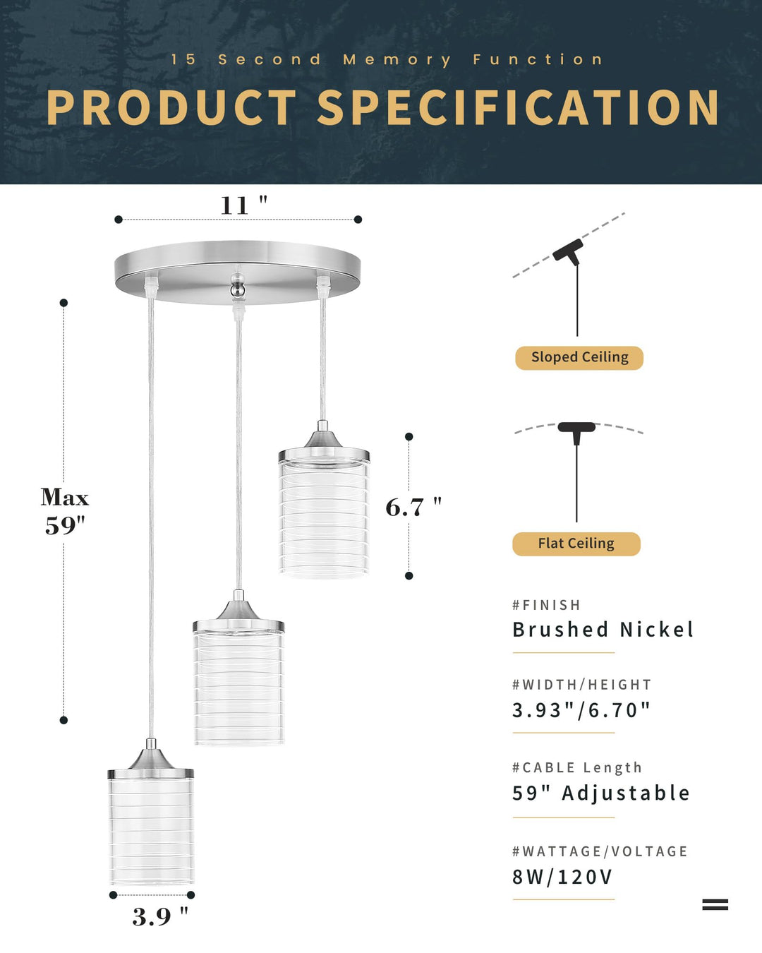 JAZAVA 3-Lights Modern Pendant Light, Brushed Nickel Cluster Pendant Lighting, Adjustable LED 24W 3CCT 3000/4500/6000K Hanging Light Fixture for Kitchen Island Dining Room Bedroom Hallway, PL106BN Retail $102.00