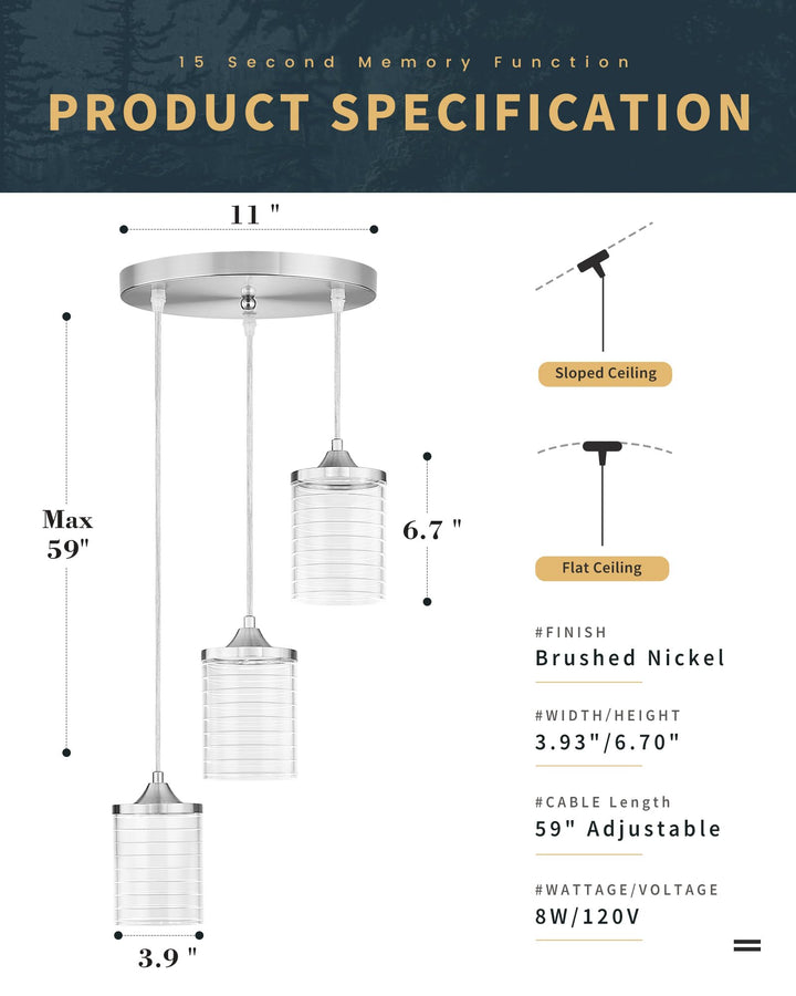 JAZAVA 3-Lights Modern Pendant Light, Brushed Nickel Cluster Pendant Lighting, Adjustable LED 24W 3CCT 3000/4500/6000K Hanging Light Fixture for Kitchen Island Dining Room Bedroom Hallway, PL106BN Retail $102.00