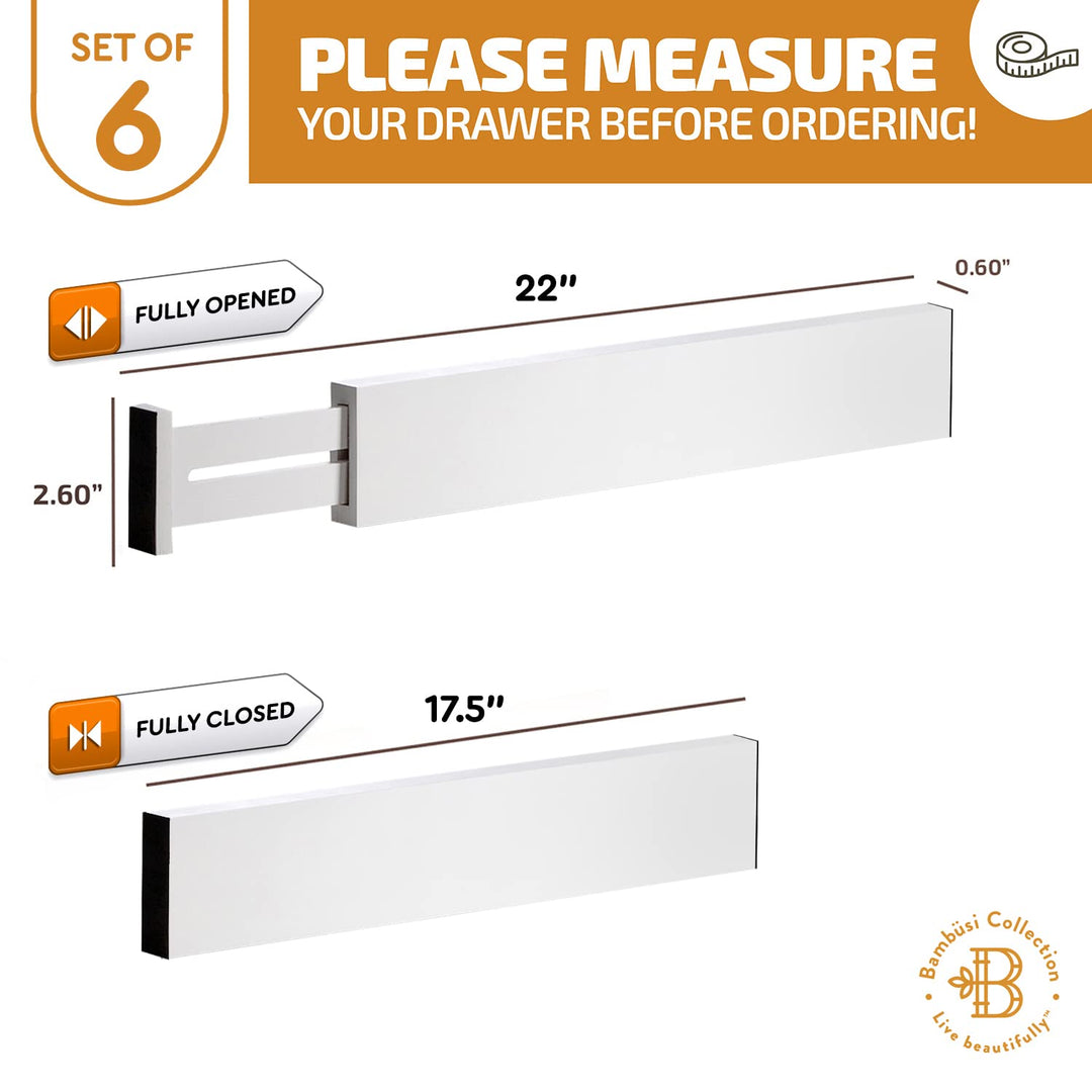 Adjustable Bamboo Drawer Divider Organizers - 6 Pack Large Expandable Drawer Organization Separators for Kitchen Utensils, Dresser, Bedroom, Bathroom, Baby Drawer, Office - 17.5â€ to 22" (White)