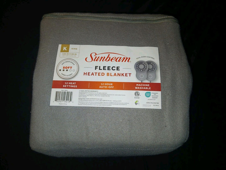 Sunbeam 100" X 90" Size KING Fleece Heated Blanket #13017 Gray BRAND NEW