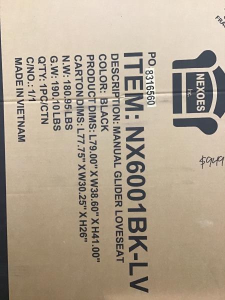 Nexoes NX6001BK-LV - Manual Glider Loveseat, Black Retail $949.00