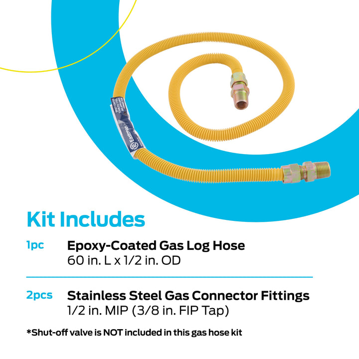Eastman 60 Inch x 1/2 Inch OD Flexible Gas Line Connector with (2) 1/2 Inch MIP Fitting Ends for Natural Gas and Liquid Propane, Stainless Steel, Yellow, 20YE505060B