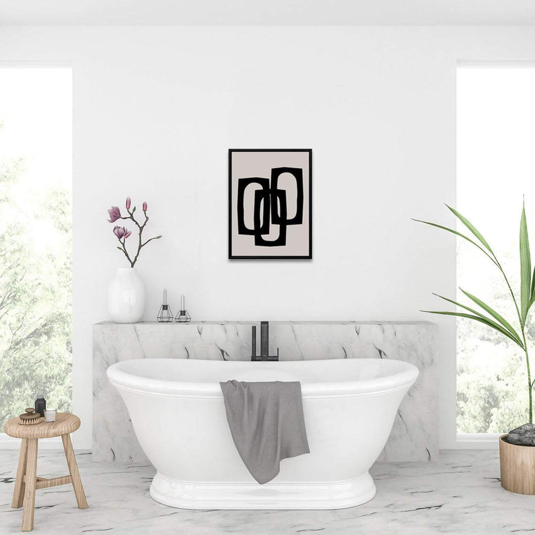Black Beige Abstract Rings Wall Art Bathroom Wall Decor Painting Modern Abstract Canvas Picture Artwork Restroom Decoration Framed Print for Living Room Bedroom Office