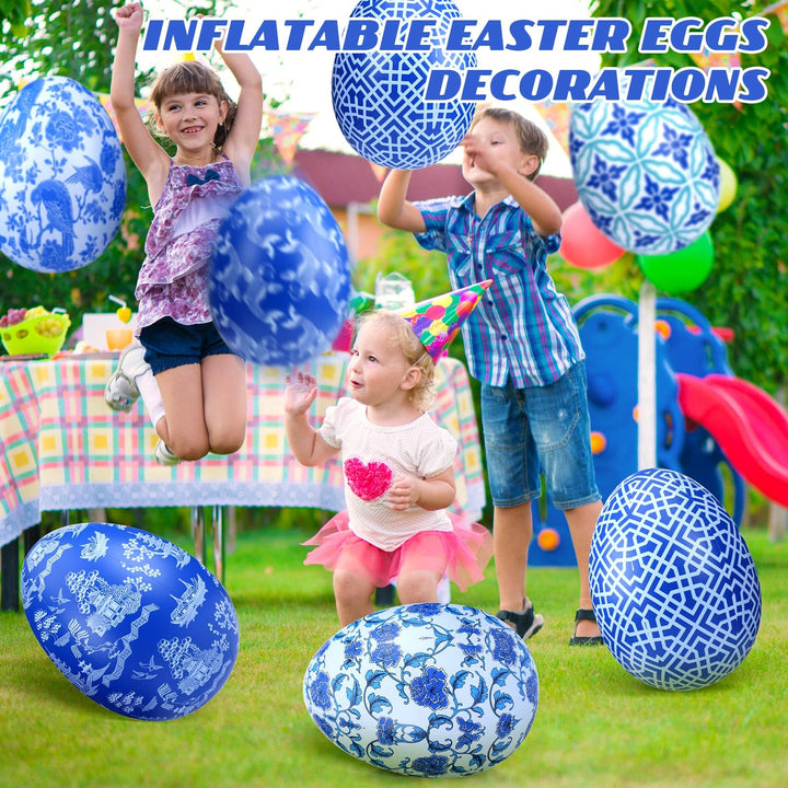 Lunmon 12 Pcs 16'' 24'' Inflatable Easter Eggs Decorations Chinoiserie Easter Inflatables Outdoor Decor Large PVC Blue White Inflatables Easter Eggs Hanging Ornaments for Yard, Lawn, Garden(16", 24")