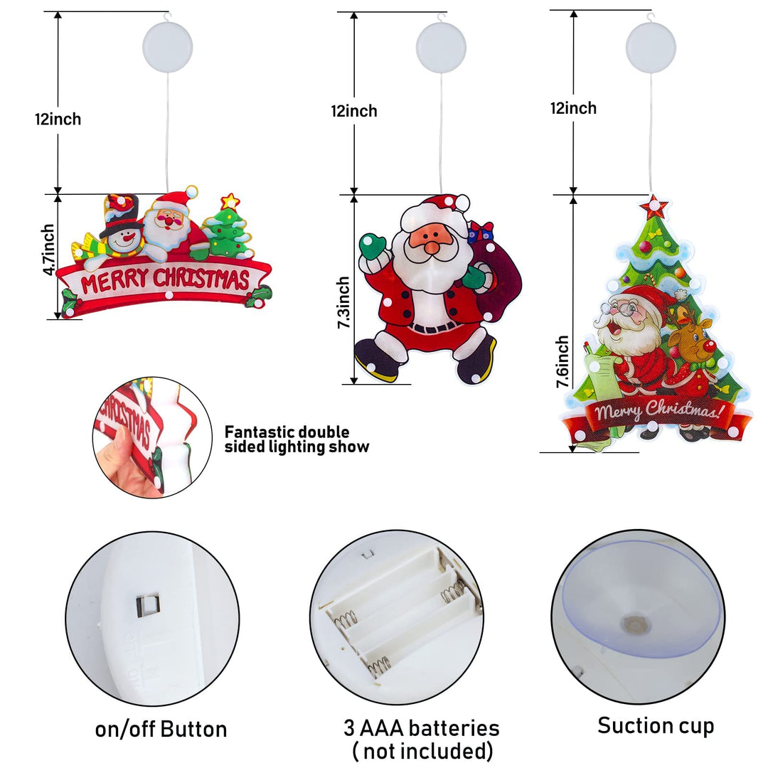 3 PCS Lighted Christmas Window Silhouette Decoration Light up Santa Claus Christmas Tree Merry Christmas Battery Operated with Suction Cup Hook for Christmas Window Glass Wall Indoor Decorations
