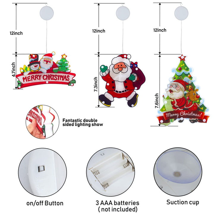 3 PCS Lighted Christmas Window Silhouette Decoration Light up Santa Claus Christmas Tree Merry Christmas Battery Operated with Suction Cup Hook for Christmas Window Glass Wall Indoor Decorations