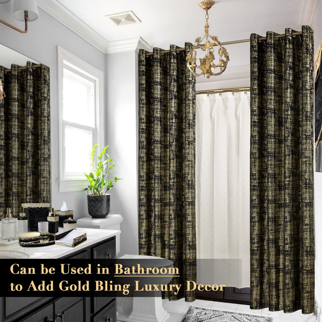 SHINELAND Black Curtains for Living Room 108 Inches Long,Blackout Gold Pattern Velvet Contemporary Elegant Glow in The Dark 9ft Ceiling to Floor Length Curtains
