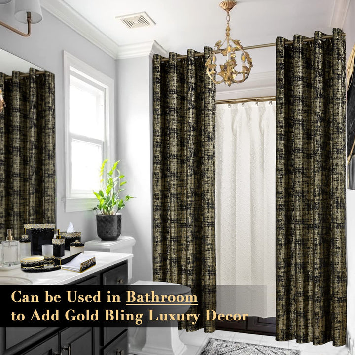 SHINELAND Black Curtains for Living Room 108 Inches Long,Blackout Gold Pattern Velvet Contemporary Elegant Glow in The Dark 9ft Ceiling to Floor Length Curtains