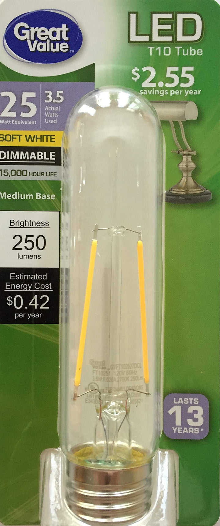 Clear LED T10 Tube Soft White Dimmable Medium Base 25W Equivalent