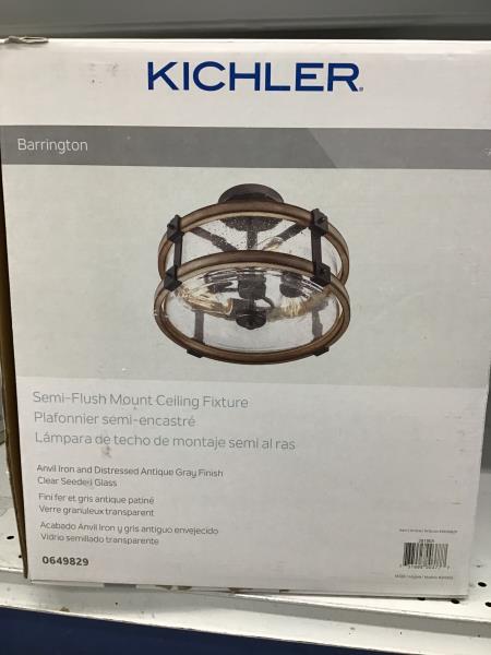 Kichler Barrington, Semi-Flush Mount Ceiling Fixture, Anvil Iron, Distressed Antique Gray Finish, Clear Seeded Glass Retail $150.00