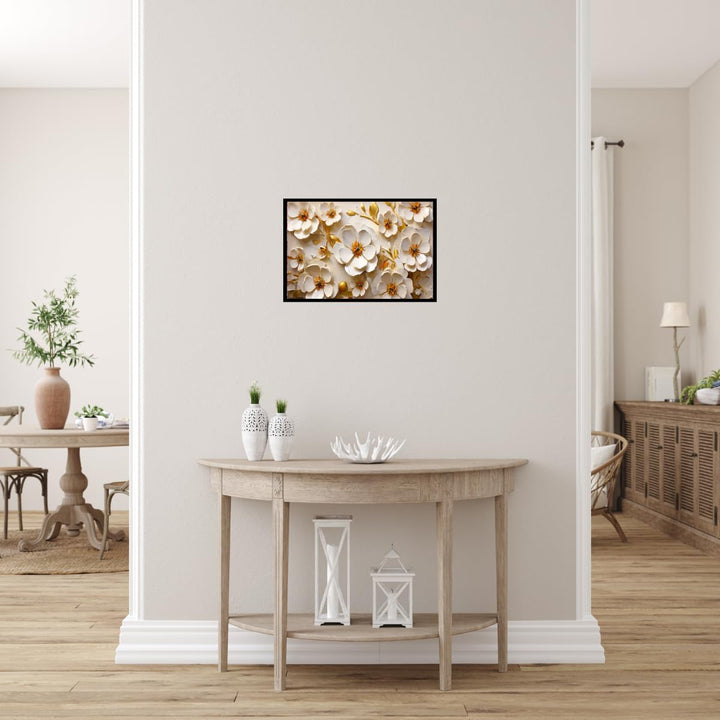Seekland Art Framed 3D White Floral Oil Painting Minimalist Flower Canvas Print Wall for Bathroom Decor Bedroom Office Decoration