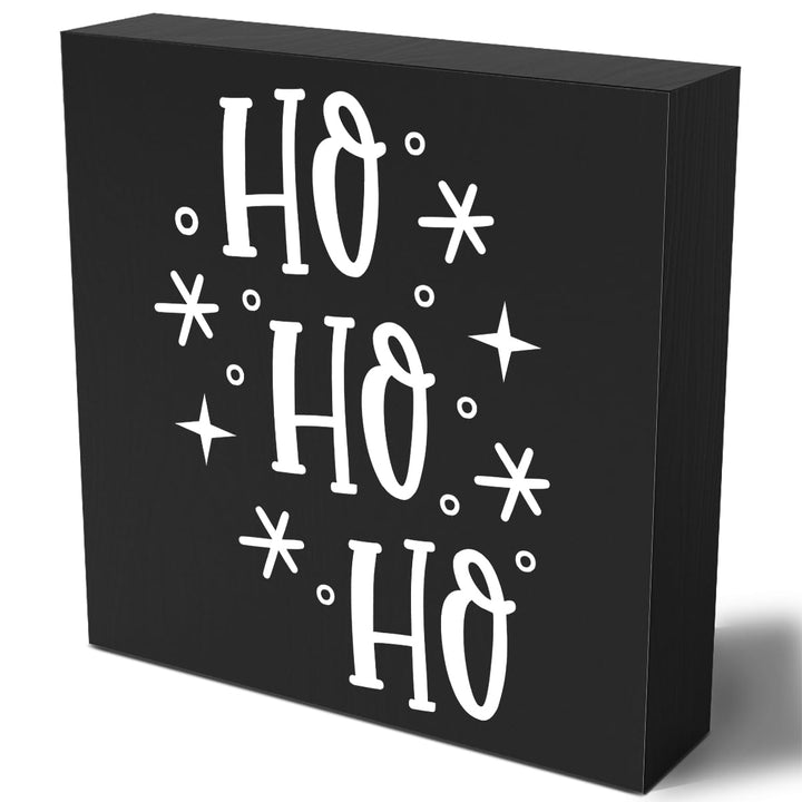 Funny Christmas Wooden Box Sign Plaque Ho Ho Ho Snowflake Black Wood Box Sign Rustic Art Home Shelf Desk Decor 5 x 5 x 1 Inches