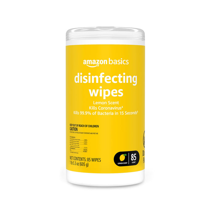 Amazon Basics Disinfecting Wipes, Lemon Scent, Sanitizes/Cleans/Disinfects/Deodorizes, 85 Count