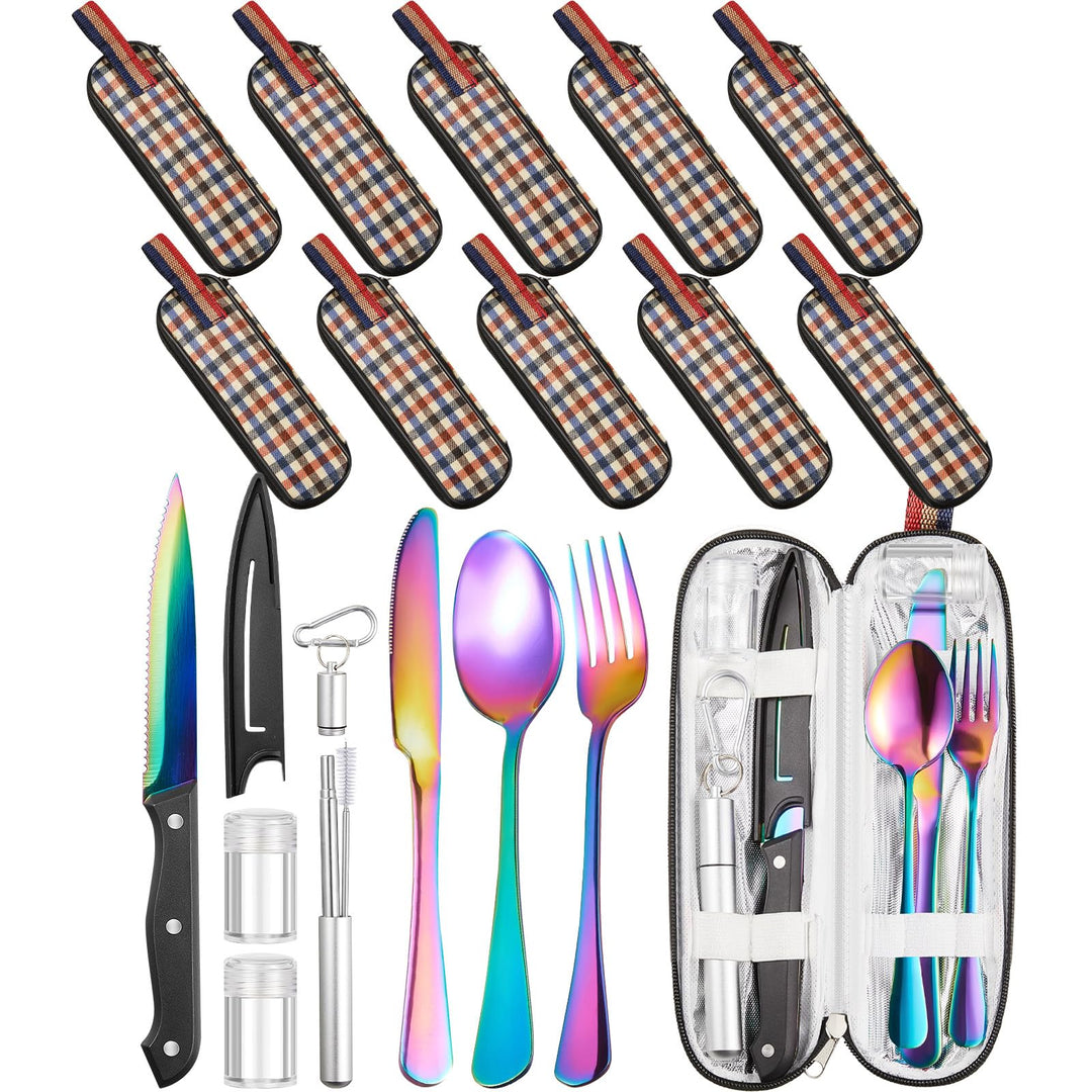 Suclain 10 Sets Portable Travel Utensils with Case Camping Lunch Cutlery set Bulk Reusable Stainless Steel Flatware for Camping, Travel, College School, Backpacking Trip, Picnic, Hiking (Colorful)