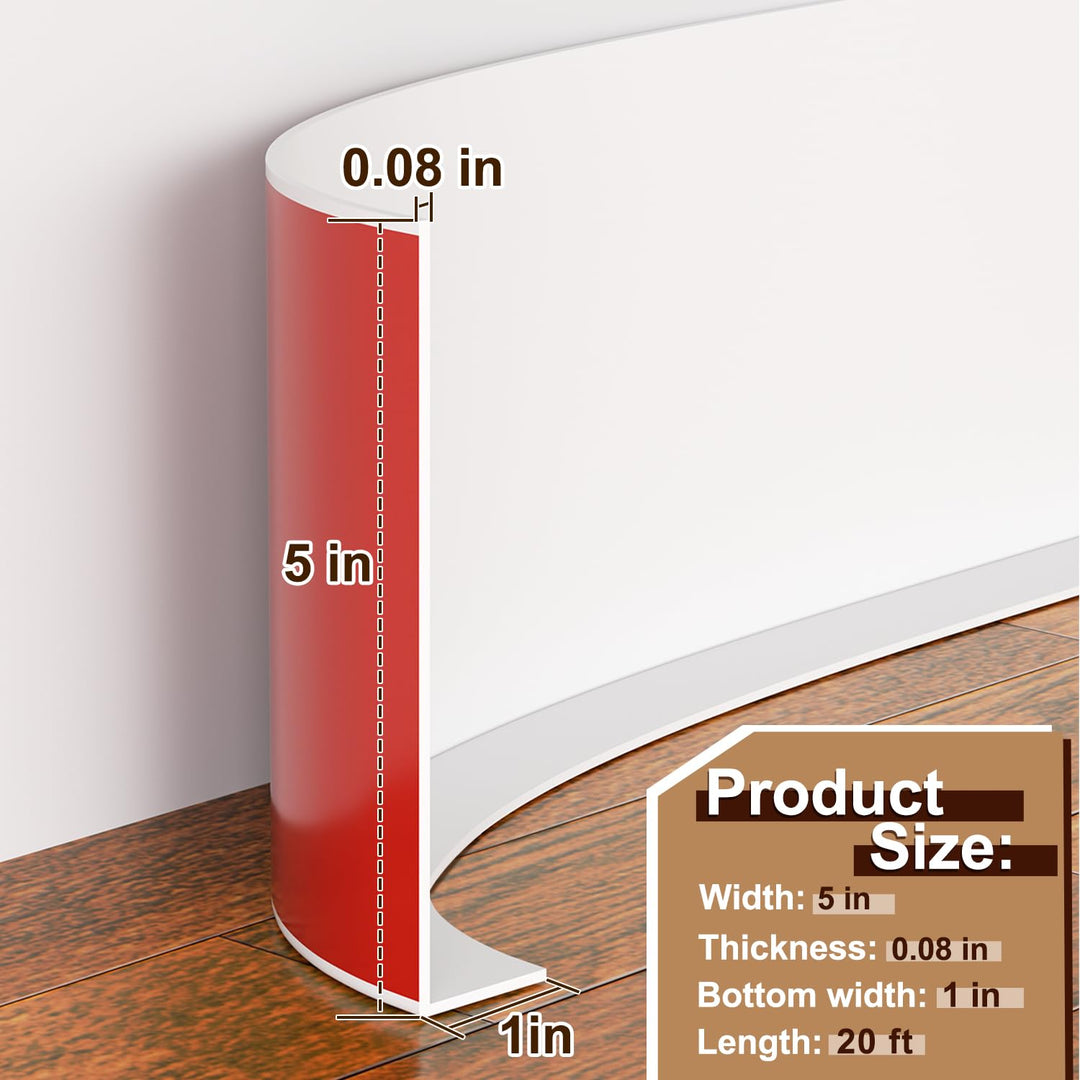 Fuairmee Vinyl Baseboard Molding - 5 Inch(W) x 20 Feet(L) Peel and Stick Rubber Wall Trim Molding, Self-Adhesive Vinyl Wall Base Cove Base Crease Design for Covering The Corner Crevices (White)
