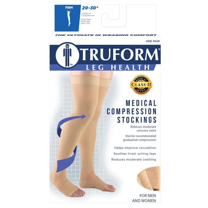Truform 20-30 mmHg Compression Stockings for Men and Women, Thigh High Length, Dot-Top, Open Toe, Black, Large