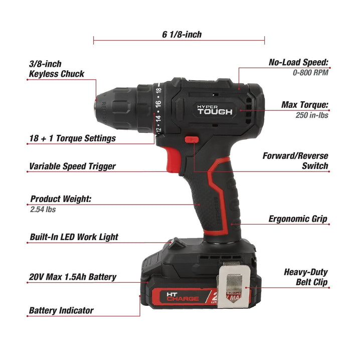Hyper Tough 20V Max Brushless Cordless Drill Driver with 1.5Ah Lithium-Ion Battery and Charger