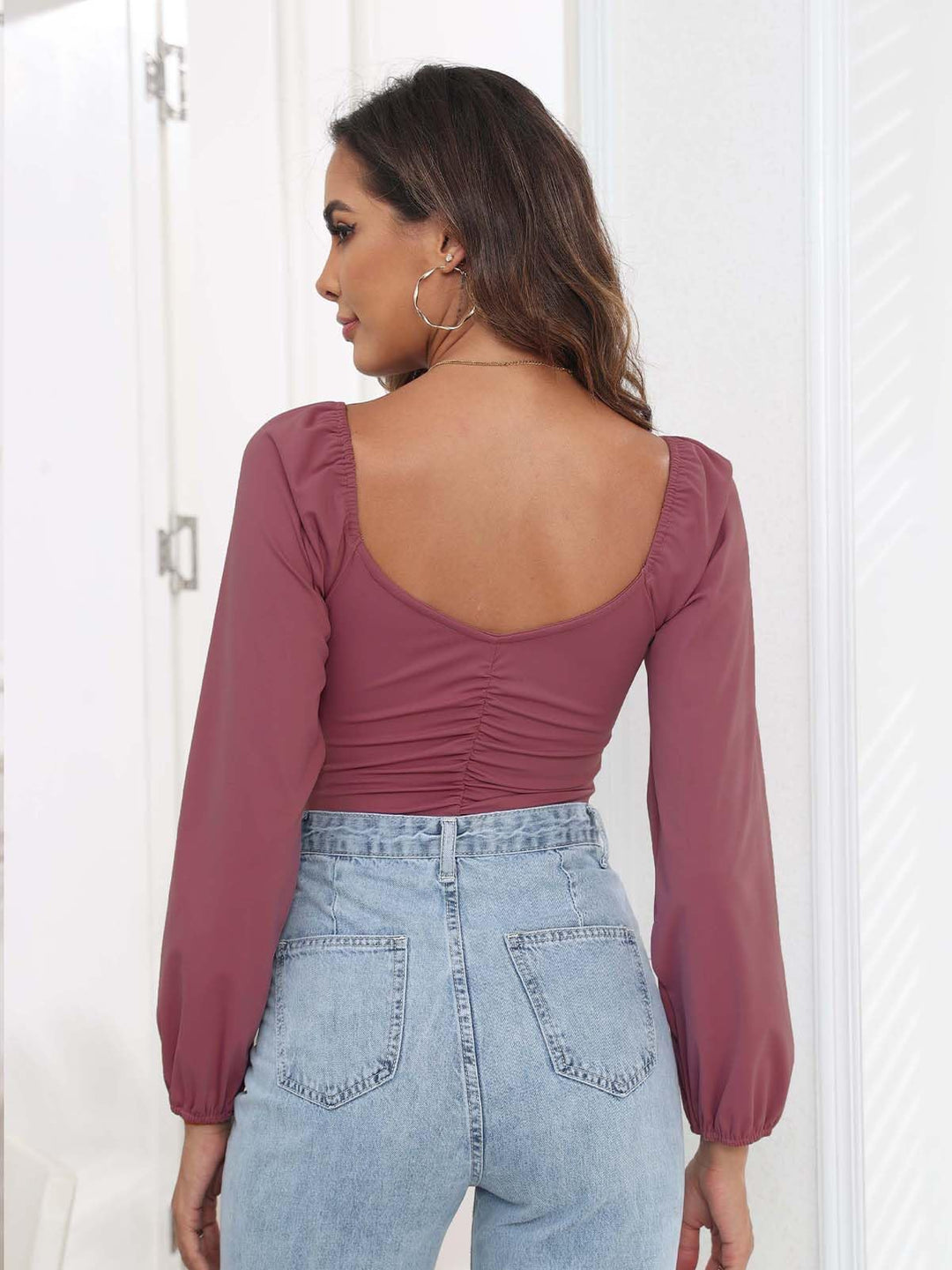DEOLINA Womens Sexy Sweetheart Neck Bodysuit Tops Plus Cute Long Sleeve Ruched Bodysuits Stretch Leotard (Brick Red,XL)