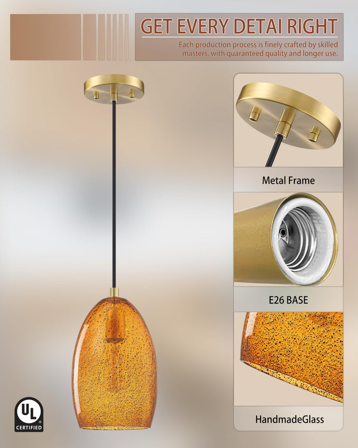 Dolaimy House 3 Pack 1 Light Mini Hanging Indoor Kitchen Island Pendant Light,5.3" Ancient Seeded Amber Glass Pendant Ceiling Light Fixtures Brushed Bronze Finish Modern Farmhouse Dinning Over Sink