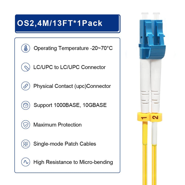 FLYPROFiber- 4M OS2 Fiber Patch Cable LC to LC, Length Options: 0.2m-300m, 1G/10GB Single Mode Duplex 9/125um SMF Fiber Optic Cable Cord LSZH 4Meter(13ft)