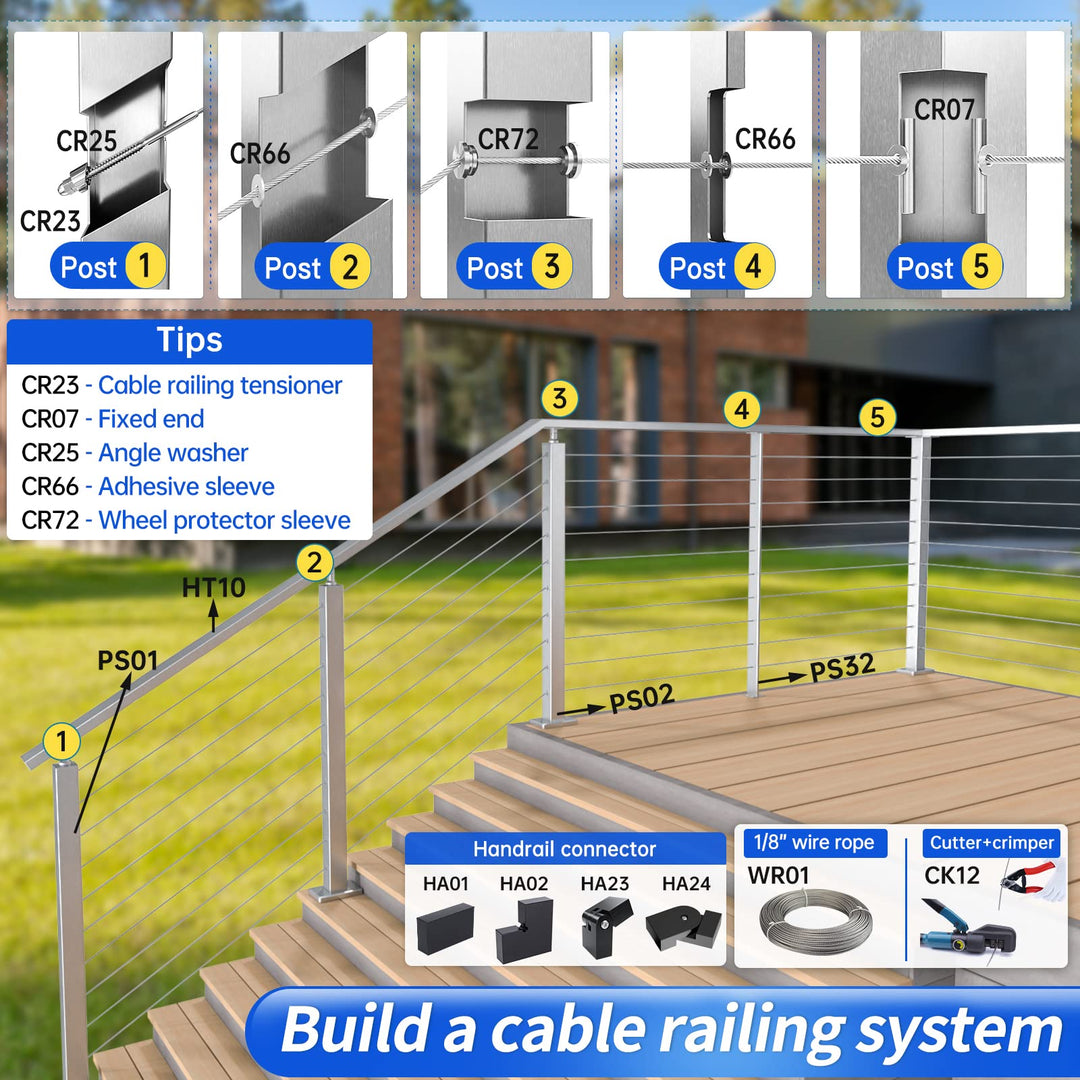 Muzata 60Pack 1/8" Cable Railing Kit Hand Swage Threaded Stud Tensioner 2x2 Metal Post with Cable Cutter Deck Stair Cable Railing Hardware