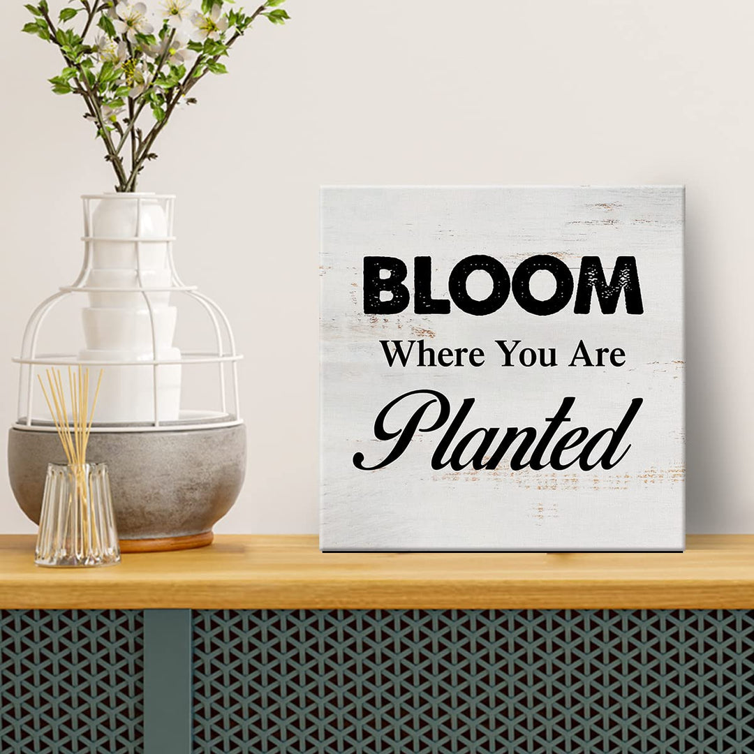 Bloom Where You are Planted Sign Canvas Wall Art Home Decor 8 x 8 Inch Farmhouse Canvas Print Painting Framed Plaque Rustic Desk Shelf Art