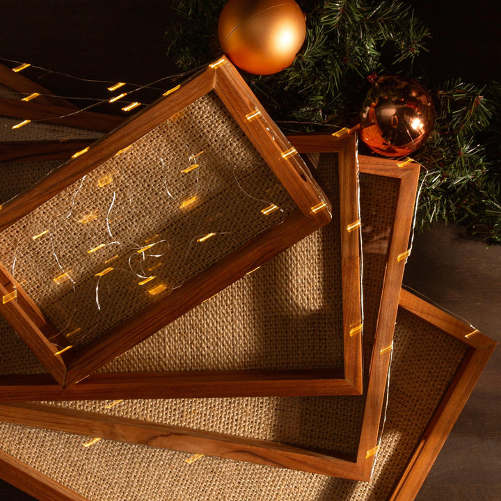 WOODART - Wood and Sisal Rope Decorative Tray - Hosting Adornment, Decorative Dish - Decoration Accessory, Rectangle Brown Wooden Ottoman Tray - Serving Platter, Candle Display - Teak 18x12Ã¢â‚¬Â