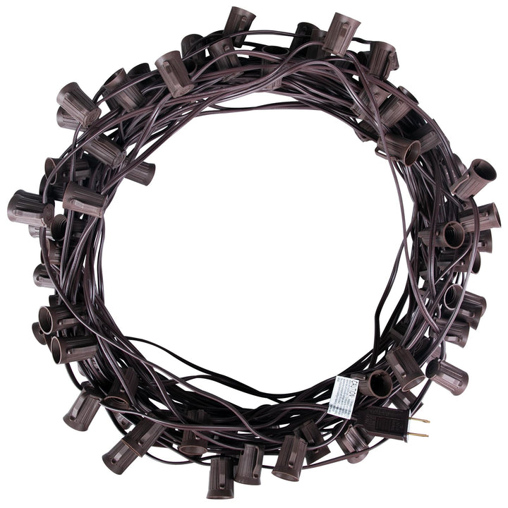 C9 Light Strand, 100 FT Outdoor String Lights Christmas Stringer with 100 Sockets for Christmas Decor Patio, E17 Light Socket, 12 Spacing, Brown Wire