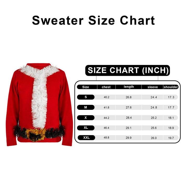 Men's Ugly Christmas Sweaters, Funny Novelty 3D Tinsel Santa Claus Knit Sweater for Adults, Traditional Crewneck Long Sleeve Pullover for Holiday Party Festive Decorations, Large Red Retail $35.00