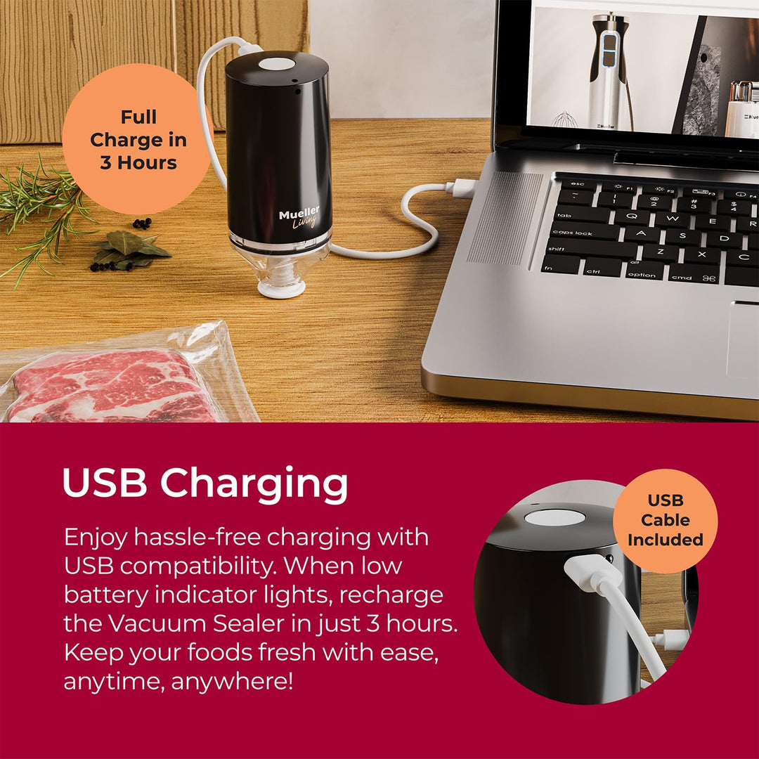 MuellerLiving Cordless Portable Food Vacuum Sealer Seals up to 60 bags, Automatic Shut Off and includes 4 Starter Bags