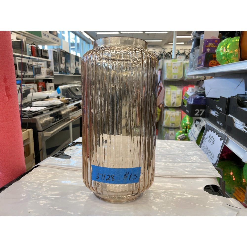 Unbranded Ribbed Glass Vase, Cylinder Shape, Amber Tint