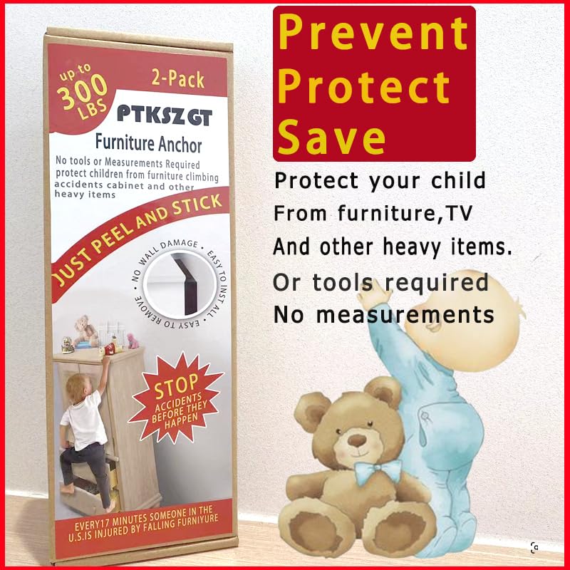 PTKSZGT Furniture Anchors for Babyproof No Drilling No-Tools-Required Self-Adhesive Aesthetically Pleasing Secure 300 Pound Prevent Dresser Cabinet Bookshelf Falling Anti Tip Earthquake