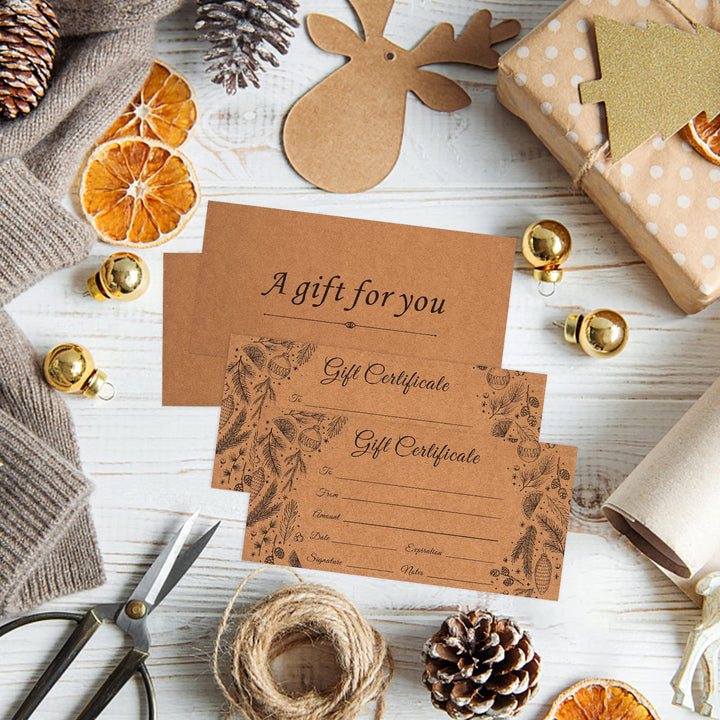 50 Sets Blank Gift Certificates with 50 Envelopes, 3.75 x 7.5 Inches Kraft Gift Certificate Cards, Paper Vouchers for Small Businesses, Holiday, Beauty Bars, Restaurants (Style 1)