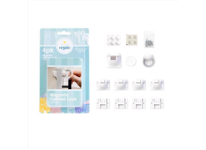 Regalo Home Safety Magnetic Cabinet and Drawer Lock, Award-Winning Brand, 4-Pack, Includes 4 Magnetic Cabinet Locks, 1 Magnetic Key, Easy Install, 3M Adhesive, White