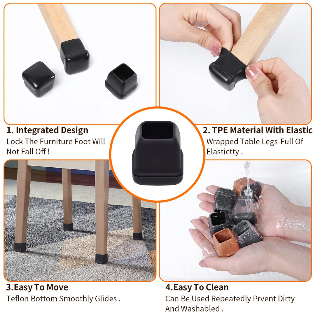 Ezprotekt 24 Pcs Chair Leg Sliders for Carpet, Square Black Chair Glides Teflon Furniture Pads, Bar Stool Leg Protectors Caps for Rug - for Dining Table, Couch, Patio Legs (M Fit: 0.75" - 1")