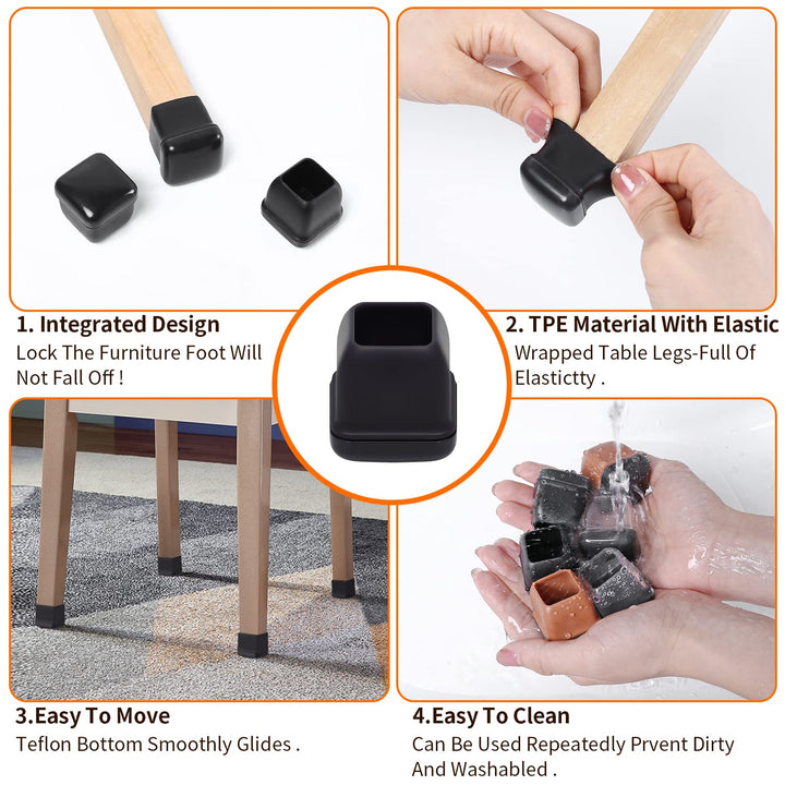 Ezprotekt 24 Pcs Chair Leg Sliders for Carpet, Square Black Chair Glides Teflon Furniture Pads, Bar Stool Leg Protectors Caps for Rug - for Dining Table, Couch, Patio Legs (M Fit: 0.75" - 1")