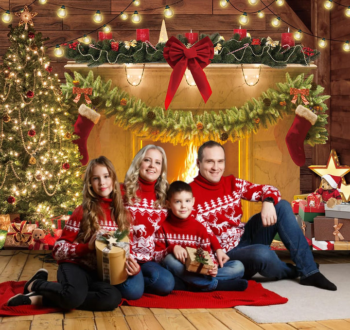 Christmas Fireplace Theme Backdrop Xmas Tree Gift Rustic Wooden floor Photography Background Baby Kids Christmas Family Party Decorations Banner Photo Prop (82x59inch)