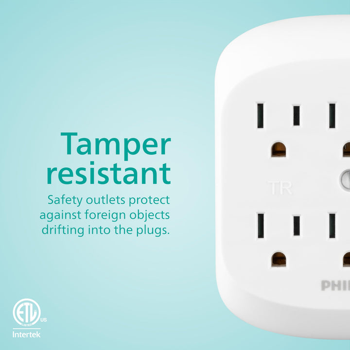 Philips 6 Outlet Grounded Power Tap, 3 Prong Wall Adapter, Automatic Soft Glow Night, Light-Sensing, Dusk to Dawn, UL Listed, White, SPP1060WA/37, 1 Pack