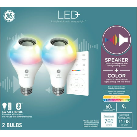 GE LED+ Speaker LED Light Bulb  Color Changing  60 Watt  A21 Bulbs  Medium Base  2pk