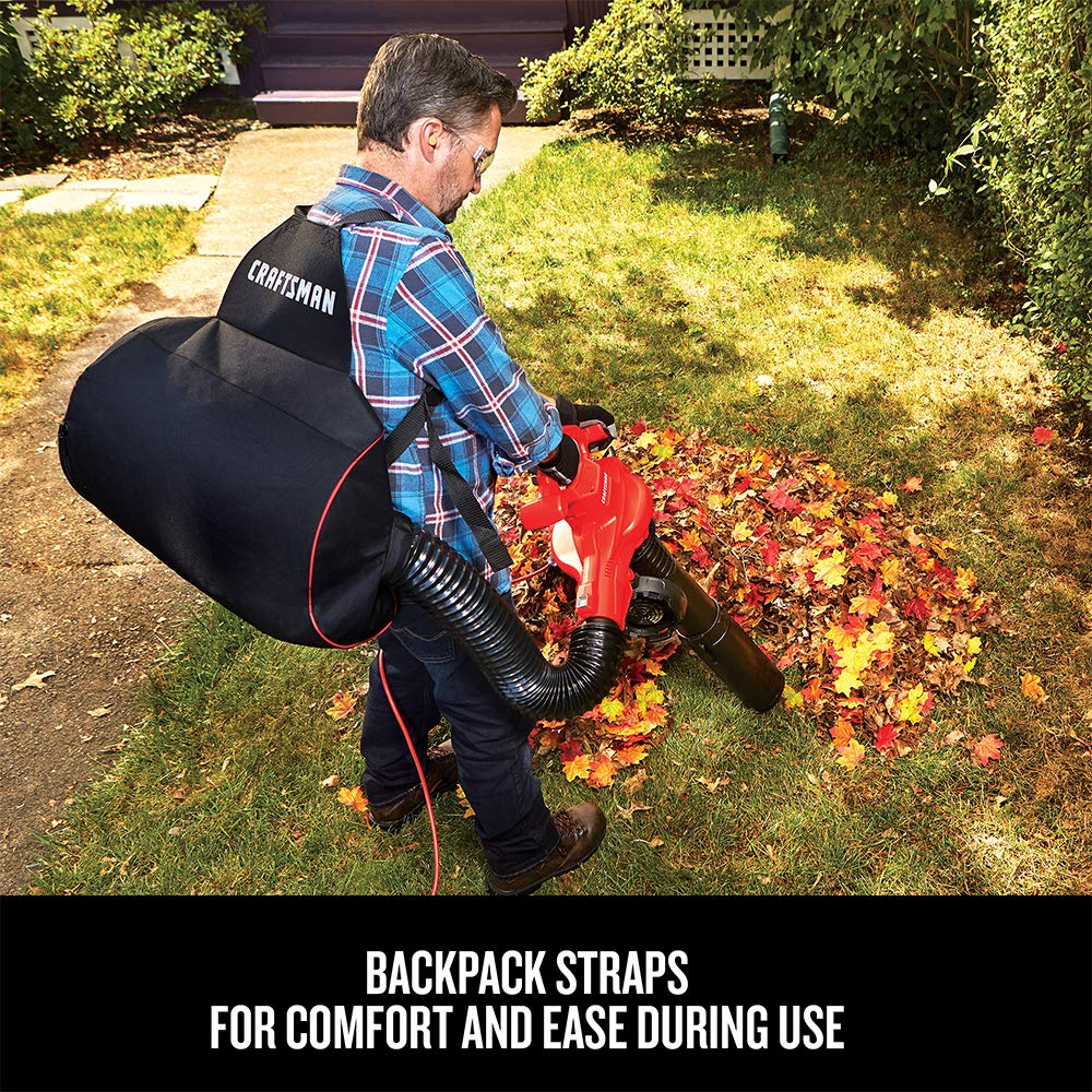 CRAFTSMAN 3-in-1 Leaf Blower, Vacuum and Mulcher, Backpack Blower Up to 260 MPH, 12 Amp, Corded Electric Leaf Collector (CMEBL7000)