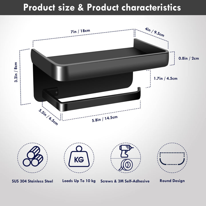 2PCS Toilet Paper Holder with Shelf, Matte Black Toilet Paper Holder, Toilet PaperHolder Wall Mount, Bathroom Adhesive Toilet Paper Holder SUS 304 Stainless Steel Modern Paper Towel Holder.