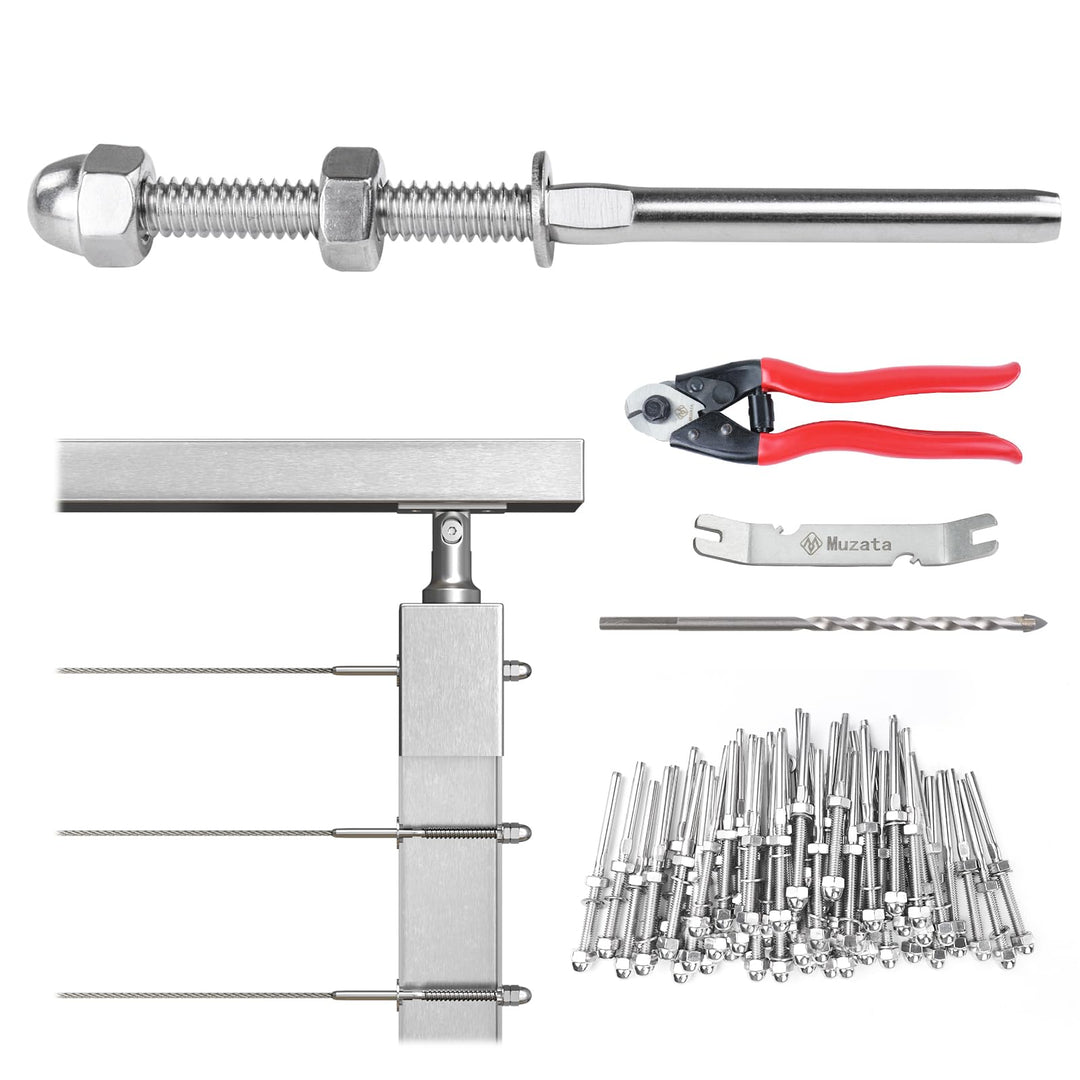 Muzata 60Pack 1/8" Cable Railing Kit Hand Swage Threaded Stud Tensioner 2x2 Metal Post with Cable Cutter Deck Stair Cable Railing Hardware