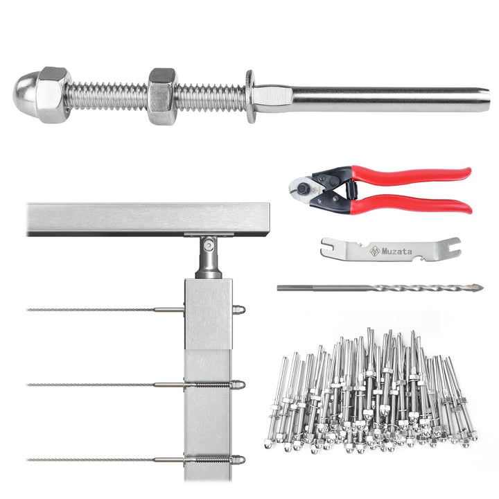 Muzata 60Pack 1/8" Cable Railing Kit Hand Swage Threaded Stud Tensioner 2x2 Metal Post with Cable Cutter Deck Stair Cable Railing Hardware